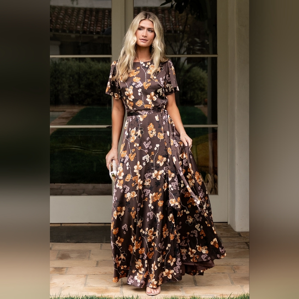 Baltic Born Brown Floral Maxi Dress with Gold and Cream Accents